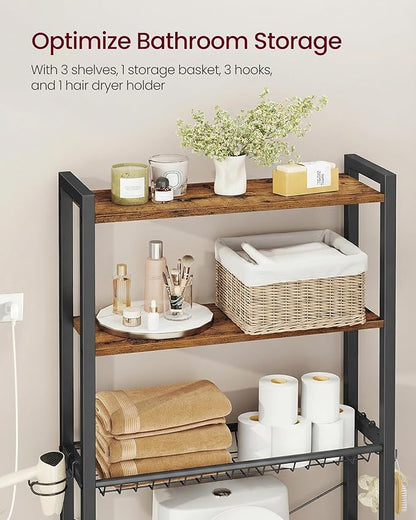 VASAGLE Over the Toilet Storage, Over Toilet Bathroom Organizer with Adjustable Shelves and Basket, 3 Hooks, Space Saving, 9.4 x 23.6 x 63 Inches, Rustic Brown UBTS113KD01S