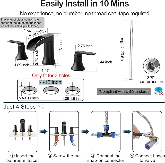 Black Bathroom Faucet 3 Hole, Brass Bathroom Waterfall Faucet 2 Handle, 4-16 Inch Widespread Bathroom Sink Faucets, Restroom Sink Faucet for Vanity with Supply Hoses, NO Equipped Pop-up Drain