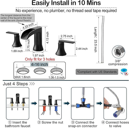 Black Bathroom Faucet 3 Hole, Brass Bathroom Waterfall Faucet 2 Handle, 4-16 Inch Widespread Bathroom Sink Faucets, Restroom Sink Faucet for Vanity with Supply Hoses, NO Equipped Pop-up Drain