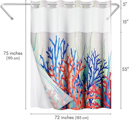 Americanflat 72x75 Hookless Shower Curtain - Water-Resistant Coral Reef Shower Curtain with Sheer Panel, Snap-in Liner, and Grommets - 100% Polyester - Cobalt Blue, Coral Red, Seafoam Green and White