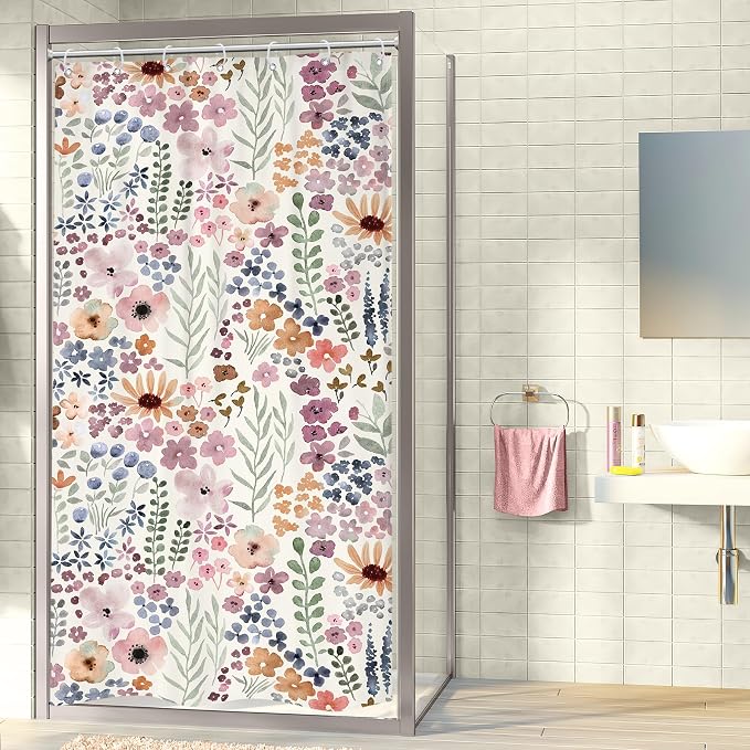 Small Stall Half Narrow Single Stand Up Cute Bathroom Shower Curtain Set | 36"W x 72"H Girly Boho; waterproof HD print, quick-dry fabric with 12 hooks for easy hanging.