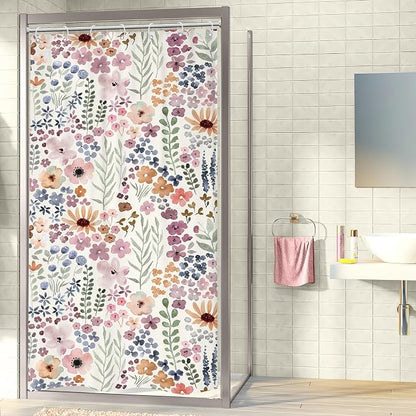 Small Stall Half Narrow Single Stand Up Cute Bathroom Shower Curtain Set | 36"W x 72"H Girly Boho; waterproof HD print, quick-dry fabric with 12 hooks for easy hanging.