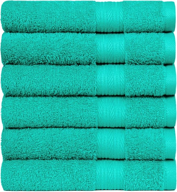 Amazon Basics Fade-Resistant 100% Cotton Hand Towels for Bathroom, Soft Absorbent, 26 x 16 inches, Teal, 6-Pack