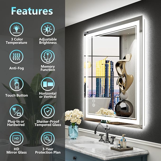 28x32 LED Bathroom Mirror, Backlit & Front Lit Lighted Mirror | Anti-Fog Vanity Mirror with Lights, 3 Color Dimmable, Memory, HD Tempered Glass, CRI95, IP54, UL Listed, Horizontal/Vertical