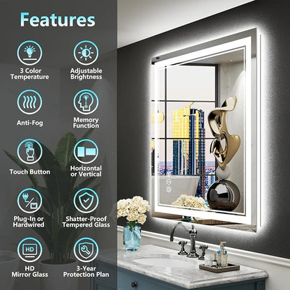 28x32 LED Bathroom Mirror, Backlit & Front Lit Lighted Mirror | Anti-Fog Vanity Mirror with Lights, 3 Color Dimmable, Memory, HD Tempered Glass, CRI95, IP54, UL Listed, Horizontal/Vertical