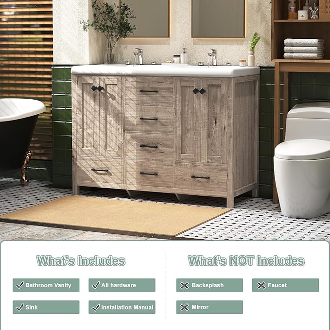 47.3 Inch Bathroom Vanity with Doulble Sink, Bathroom Vanity Cabinet with 2 Sinks, Bath Vanities with 4 Doors and 5 Drawers, Grey Oak (19.7" D x 47.3" W x 35.5" H)