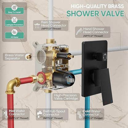 Black Shower System with Tub Spout, All Metal Tub Shower Faucet Set with 10" Rain Shower Head and Handheld Spray combo, Wall Mounted Tub Shower Systems with Valve and Trim Kit, Matte Black