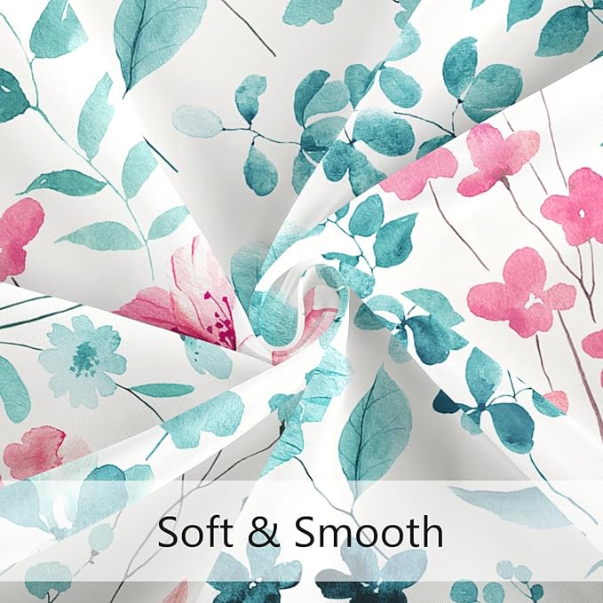 Extra Long Shower Curtain 72 x 96 Inch, Floor to Ceiling X-Long Teal Pink Floral Shower Curtains, Watercolor Flower Butterfly Fabric Shower Curtain Set with Hooks