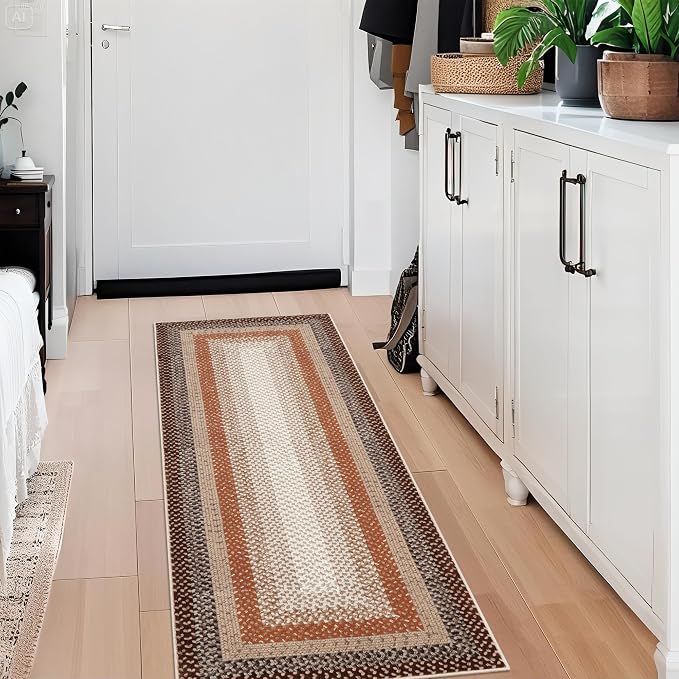 Imitation Braided Collection-Print Washable Runner Rug 2x8 Non Slip Bathroom Rug Bordered Soft Farmhouse Throw Rugs Kitchen Runner Stain Resistant Carpet for Hallway Entryway Rugs