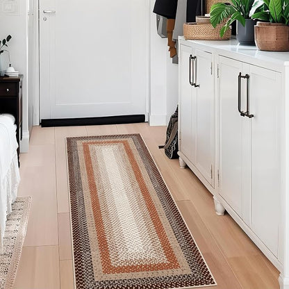 Imitation Braided Collection-Print Washable Runner Rug 2x8 Non Slip Bathroom Rug Bordered Soft Farmhouse Throw Rugs Kitchen Runner Stain Resistant Carpet for Hallway Entryway Rugs