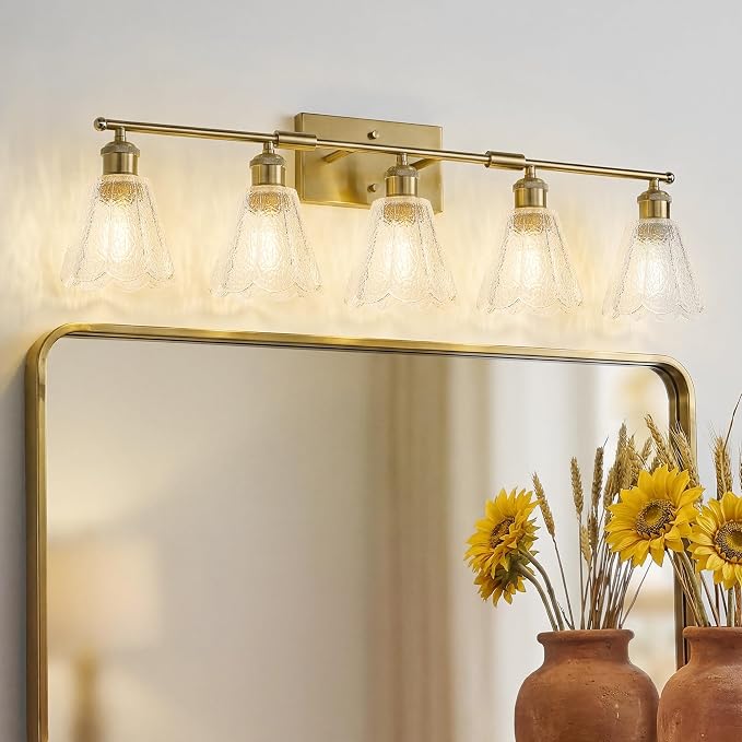 HWH 5-Light Bathroom Vanity Light Fixtures, Brushed Brass Modern Wall Lights with Clear Floral Glass, Vintage Wall Sconce Lighting for Mirror, Bedroom, 5HJX110B-5W BG