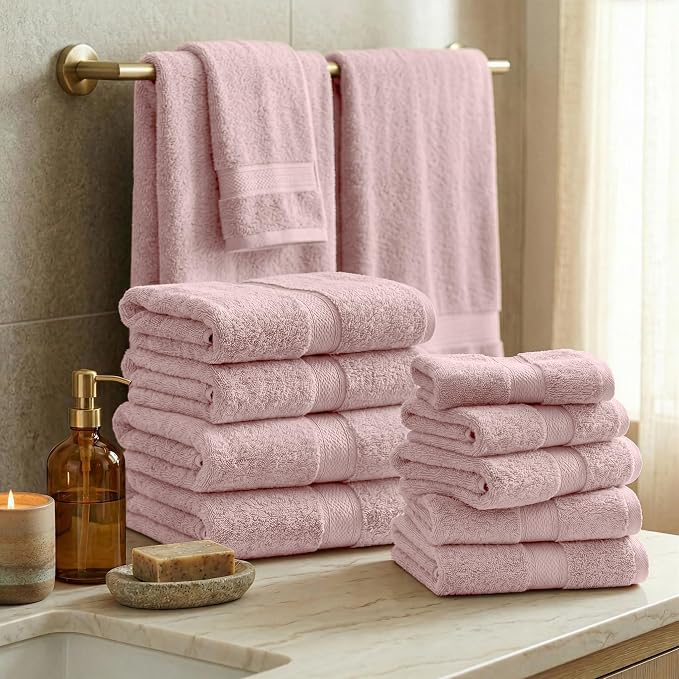 SUPERIOR Egyptian Cotton Ultra Plush & Absorbent, 12 Piece Set, Tea Rose | Heavyweight 12 Pc Egyptian Cotton Towel Set Includes 4 Bath Towels 4 Hand Towels 4 Washcloths Decorative Rope Border