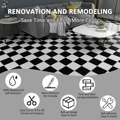Lareko Black & White Vinyl Flooring Roll,11.8"X197",Peel & Stick Floor Tile | Covers 16 Sq.Ft,Checkered Marble Self-Adhesive Floor Sheet ,Waterproof,Removable,Wide Plank DIY For renters and Home Decor