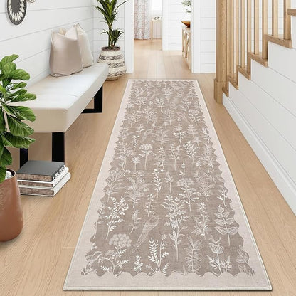 GarveeHome Washable 2x6 Runner Rugs for Bathroom Floral Kitchen Rug Neutral Scalloped Carpet, Non-Slip Hallway Rug Stain Resistant Modern Low-Pile Carpet for ‎Laundry Bedside Entryway(2x6 ft,Taupe)