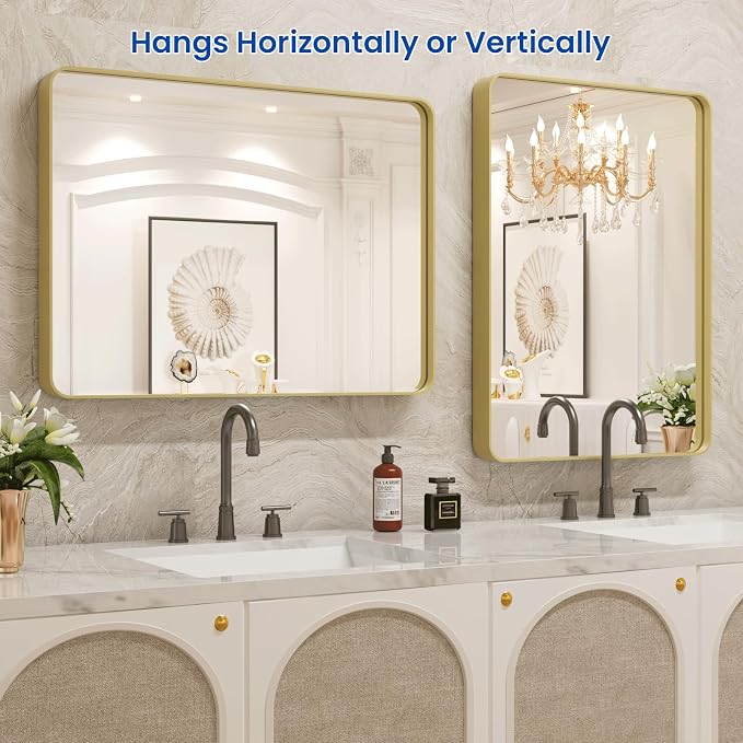 WEER 22X30 Inch Gold Bathroom Vanity Mirror | Rounded Rectangle Gold Mirror, Brushed Gold Metal Frame, Tempered Glass, Anti-Rust, Hangs Horizontally or Vertically