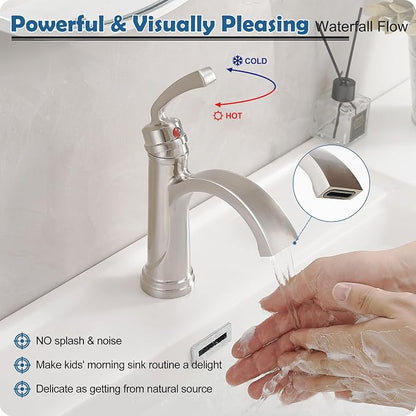 Brass Waterfall Bathroom Faucets Brushed Nickel Single Handle Bathroom Faucet 3 Hole or 1 Hole, 4 Inch Bathroom Sink Faucet, Bathroom Vanity Faucet with Drain Deck Plate No Peeling Paint