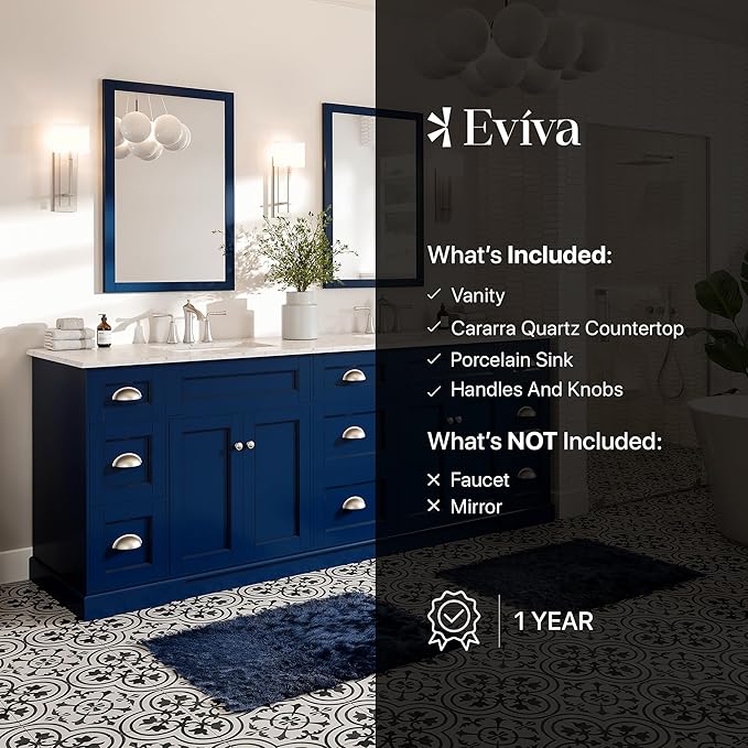 Eviva Blue Bathroom Vanity, 84 inch, Carrara Quartz Countertop - Double Sink - Soft-Closing Doors & Brushed Nickel Handles