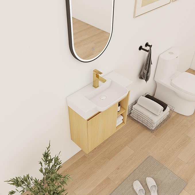 24" Wall-Mounted Bathroom Vanity with Ceramic Sink, 24 inch Floating Single Sink Vanity Cabinet Modern Brown 1-Door Design with Storage Shelf (Space-Saving for Small Bathrooms), Light-Oak