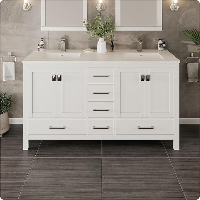 Eviva London 60 Inch Double Vanity Sink - White Double Vanity Sinks for Bathrooms, Bathroom Vanity 60 Inch Double Sink W Carrara Quartz Top & Porcelain Sinks, Bathroom Vanities W/Soft-Closing Drawers