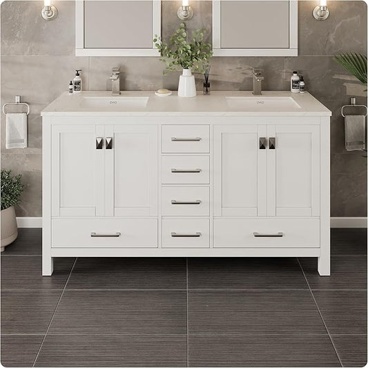 Eviva London 60 Inch Double Vanity Sink - White Double Vanity Sinks for Bathrooms, Bathroom Vanity 60 Inch Double Sink W Carrara Quartz Top & Porcelain Sinks, Bathroom Vanities W/Soft-Closing Drawers