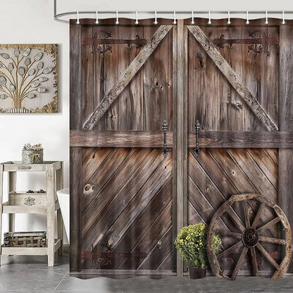 Rustic Barn Door Shower Curtains, Western Vintage Farmhouse Wood Board Shower Curtain Sets for Bathroom Decor, Brown Wooden Country Bath Curtain with Hooks, 70X75IN