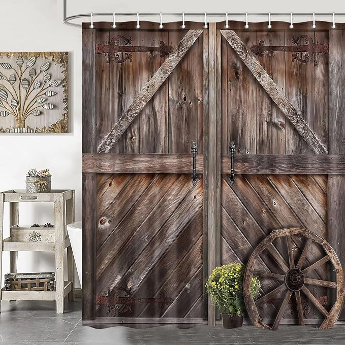 Western Vintage Farmhouse Wood Board Shower Curtain,Rustic Barn Door Shower Curtains Sets for BathroomDecor, Fabric Extra Long Brown Woodlande Countryside Bath Curtain with Hooks 72X84IN