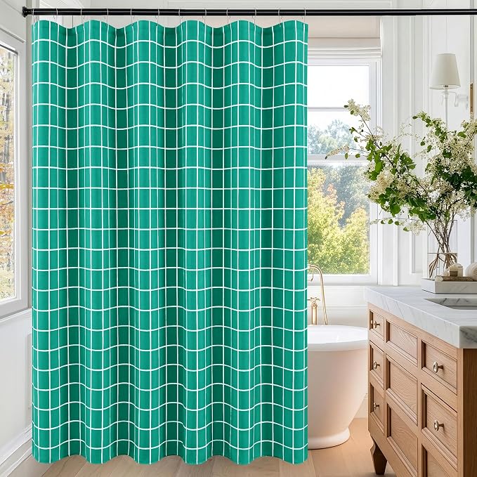 Fabric Shower Curtains for Bathroom-Cloth Modern Farmhouse Shower Curtain | 70"Wx72"L Turquoise Faux Linen Grid Minimalist Simple Rustic Neutral Guest Bathroom-Geometric Plaid Washable Hotel Quality