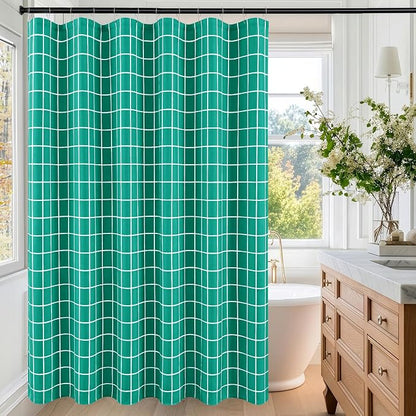 Fabric Shower Curtains for Bathroom-Cloth Modern Farmhouse Shower Curtain | 70"Wx72"L Turquoise Faux Linen Grid Minimalist Simple Rustic Neutral Guest Bathroom-Geometric Plaid Washable Hotel Quality