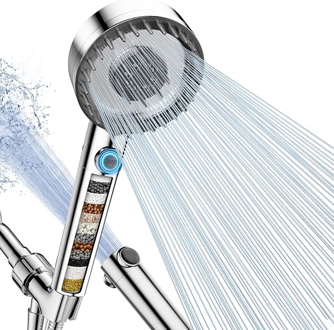 Filtered Shower Head with Handheld, High Pressure Showerhead with Filters | 4 Spray, ON/OFF Switch for Pets, Detachable Shower Heads with Water Softener Filter Beads for Hard Water- Remove Chlorine