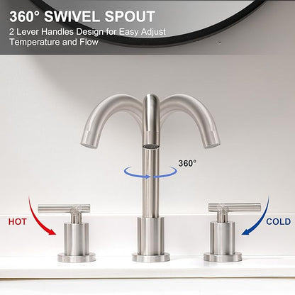 Waterfall Bathroom Faucets for Sink 3 Hole | Brushed Nickel Bathroom Faucet with Pop-up Drain, 8 Inch Widespread Bathroom Sink Faucet 2-Handles Vanity Faucet with Supply Lines
