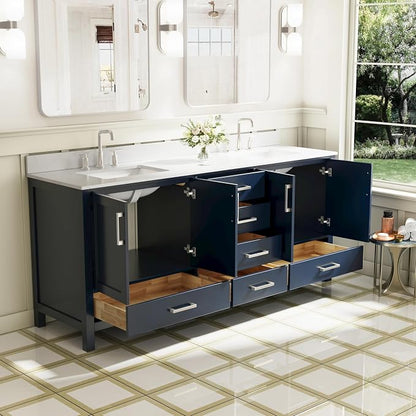 80-Inch Bathroom Vanity with Sink, 4 Soft-Close Doors and 6 Soft-Close Drawers, Bathroom Freestanding Vanity with Cultured Marble Countertop, Navy Blue Vanity with Brushed Nickel Handles