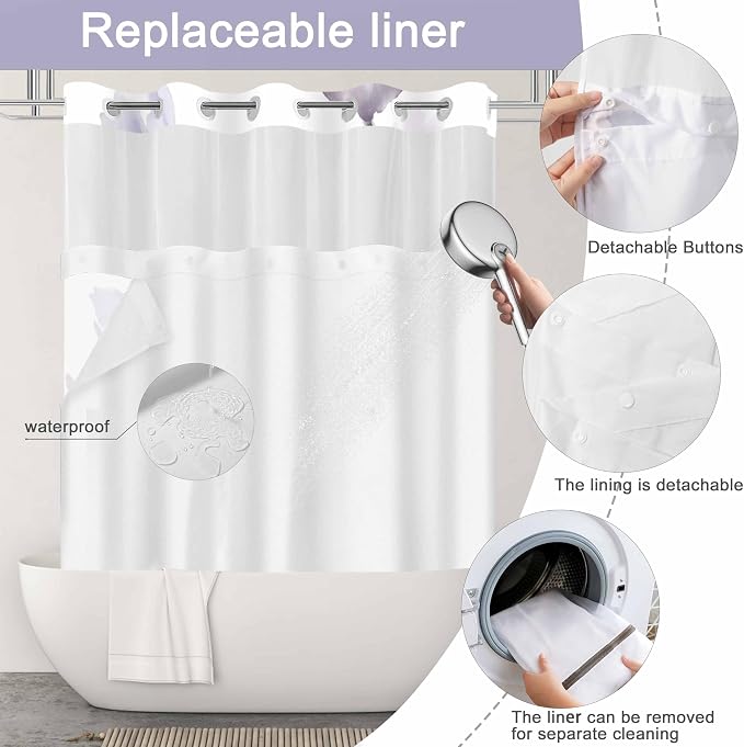 No Hook Shower Curtain and Liner Set, Purple Boho Floral 71x84 | Watercolor Boho Flower, with Snap in Liner, Waterproof, Machine Washable, Quick-Drying, for Hotel Bathroom