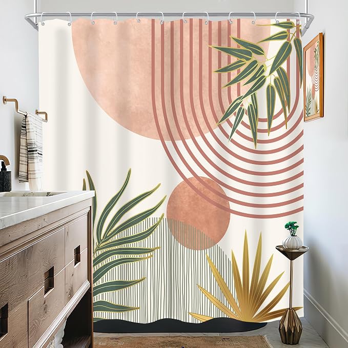 Mid Century Pink Green Boho Abstract Modern Bathroom Shower Curtain Set | 72Wx72L Orange design, waterproof HD print with fast-drying fabric and 12 hooks.