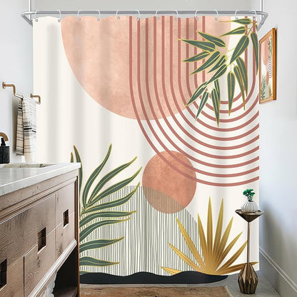 Mid Century Pink Green Boho Abstract Modern Bathroom Shower Curtain Set | 72Wx72L Orange design, waterproof HD print with fast-drying fabric and 12 hooks.
