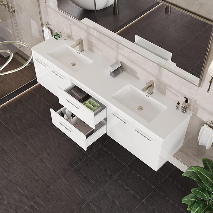 Eviva Lumina 84 in. White Wall Mount Double Sink Bath Vanity with Acrylic Top and Integrated Sinks