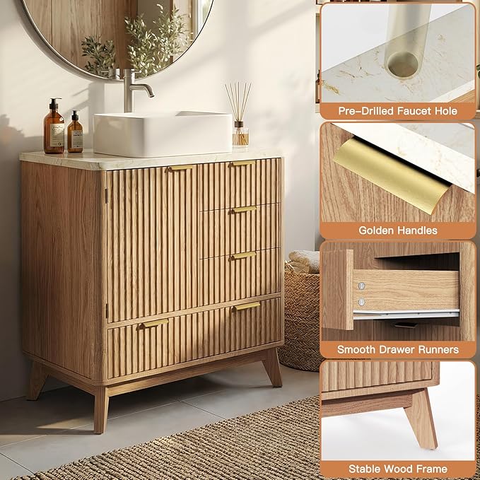Concho 31'' Fluted Bathroom Vanity with Ceramic Sink, Modern Bathroom Sink Storage Cabinet with Engineered Marble Top & 4 Spacious Drawers, Freestanding Bathroom Vanity Cabinet, Oak