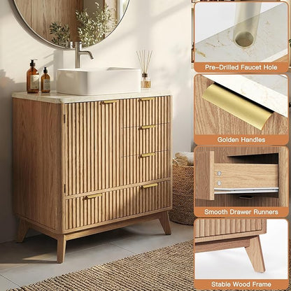 Concho 31'' Fluted Bathroom Vanity with Ceramic Sink, Modern Bathroom Sink Storage Cabinet with Engineered Marble Top & 4 Spacious Drawers, Freestanding Bathroom Vanity Cabinet, Oak