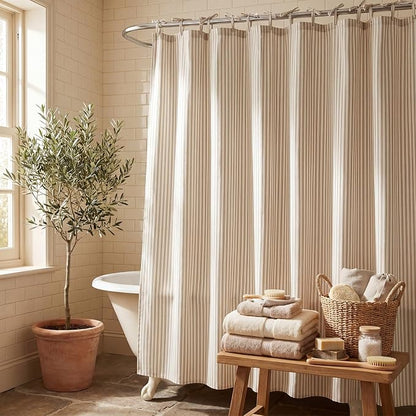 Mindsoft Stripe Cotton Toile Shower Curtain Ticking Stripes Woven Print Curtain Bathroom Decor for Traditional Contemporary Style Kitchen Bath (Brown and White,72 x 72 Inches,Stripe& Bow Knot Ties)