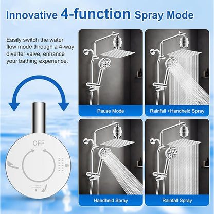 Metal 10" Filtered Rainfall Showerhead Combo, Easy Reach, Chrome | 4-Way Diverter with Pause Mode, High Pressure Shower Head with 10-Spray Handheld, 71" Hose/12" Extension Arm/Holder