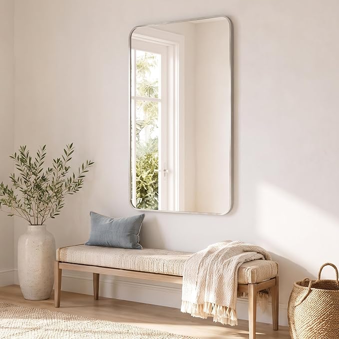 30x48 Inch Brushed Nickel Rounded Rectangle Bathroom Vanity Mirror | For Over-Sink Bathrooms, Corrosion-Resistant Aluminum Frame, Slim Front Profile, Vertical or Horizontal Layout