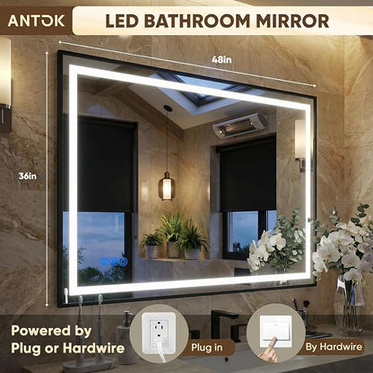 Antok 48X36 LED Bathroom Mirror with Lights, Vanity Mirror for Wall with Black Frame, Touch Control, Anti-Fog, Dimmable Lights, Shatter-Proof, Memory Function, Wall-Mounted Vanity Mirrors