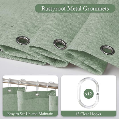 Linen Scallop Shower Curtain with 12 Hooks, Waterproof, 72x72, Sage Green | Waterproof Heavy Duty Thick Fabric with Black Border, Neutral Boho Farmhouse Bathtub Shower Curtain
