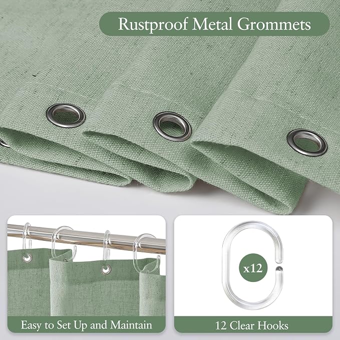 Linen Scallop Shower Curtain with 12 Hooks, Waterproof, 72x78, Sage Green | Heavy Duty Waterproof Fabric with Black Border, Cute Modern Farmhouse Bathroom Décor