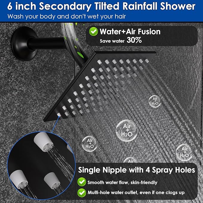 Enga Dual Shower Head System with Tub Spout, Ceiling Mount 10 Inch Shower Head with 6 Inch Wall Mount Shower Head, 4 Way Diverter Shower Faucet with 2 in 1 Handheld, Matte Black