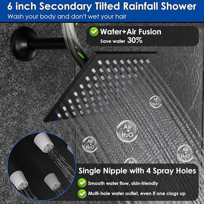 Enga Dual Shower Head System with Tub Spout, Ceiling Mount 10 Inch Shower Head with 6 Inch Wall Mount Shower Head, 4 Way Diverter Shower Faucet with 2 in 1 Handheld, Matte Black