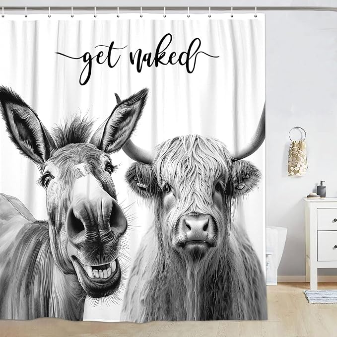 Funny Farmhouse Shower Curtain,Grey Donkey with Cow Get Naked Waterproof Shower Curtain with Hooks, Farm Animal Fabric Shower Curtains for Bathroom Decor 72X72inches