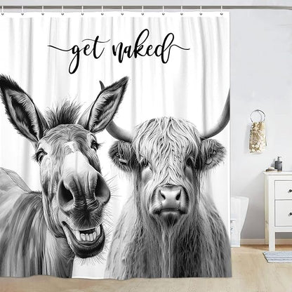 Funny Farmhouse Shower Curtain,Grey Donkey with Cow Get Naked Waterproof Shower Curtain with Hooks, Farm Animal Fabric Shower Curtains for Bathroom Decor 72X72inches