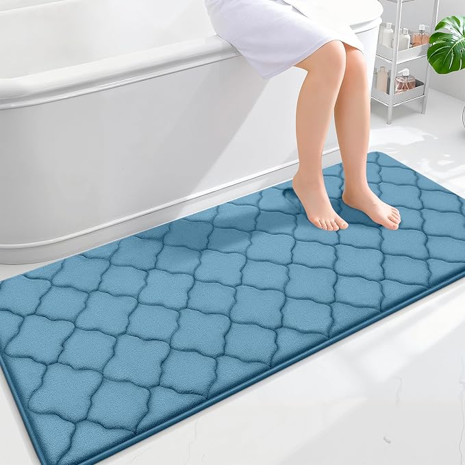 OLANLY Memory Foam Bath Mat Rug 59x24, Ultra Soft and Absorbent Bathroom Rugs, Non-Slip, Comfortable, Machine Washable Bath Carpet for Bathroom Floor, Tub, Shower and Home Decor Accessories, Blue