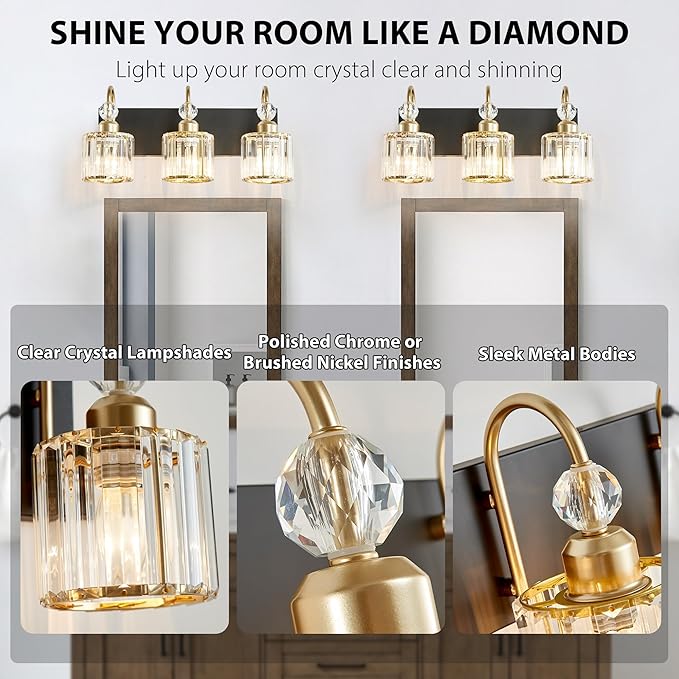 Bathroom Vanity Light Fixtures Over Mirror, Makeup Lighting for Modern Wall, Bath, Desk, Farmhouse, Hallway, 3 Crystal Lights, Black Gold