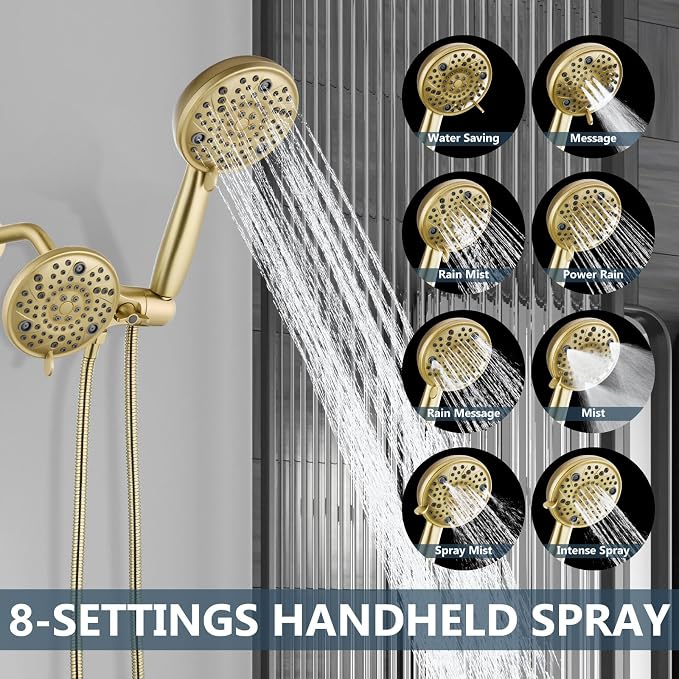 Aolemi Tub Shower Faucet Set Dual 8 Mode Head Valve Kit Brushed Gold | Valve and Trim Kit, ABS Shower Head and Handheld System, Bathroom Bath Tub Spout 6.3",SUS304,Single Handle
